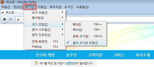 보기 > 크기조정 > 글자크기만조정 > 원하는 글자크기 선택